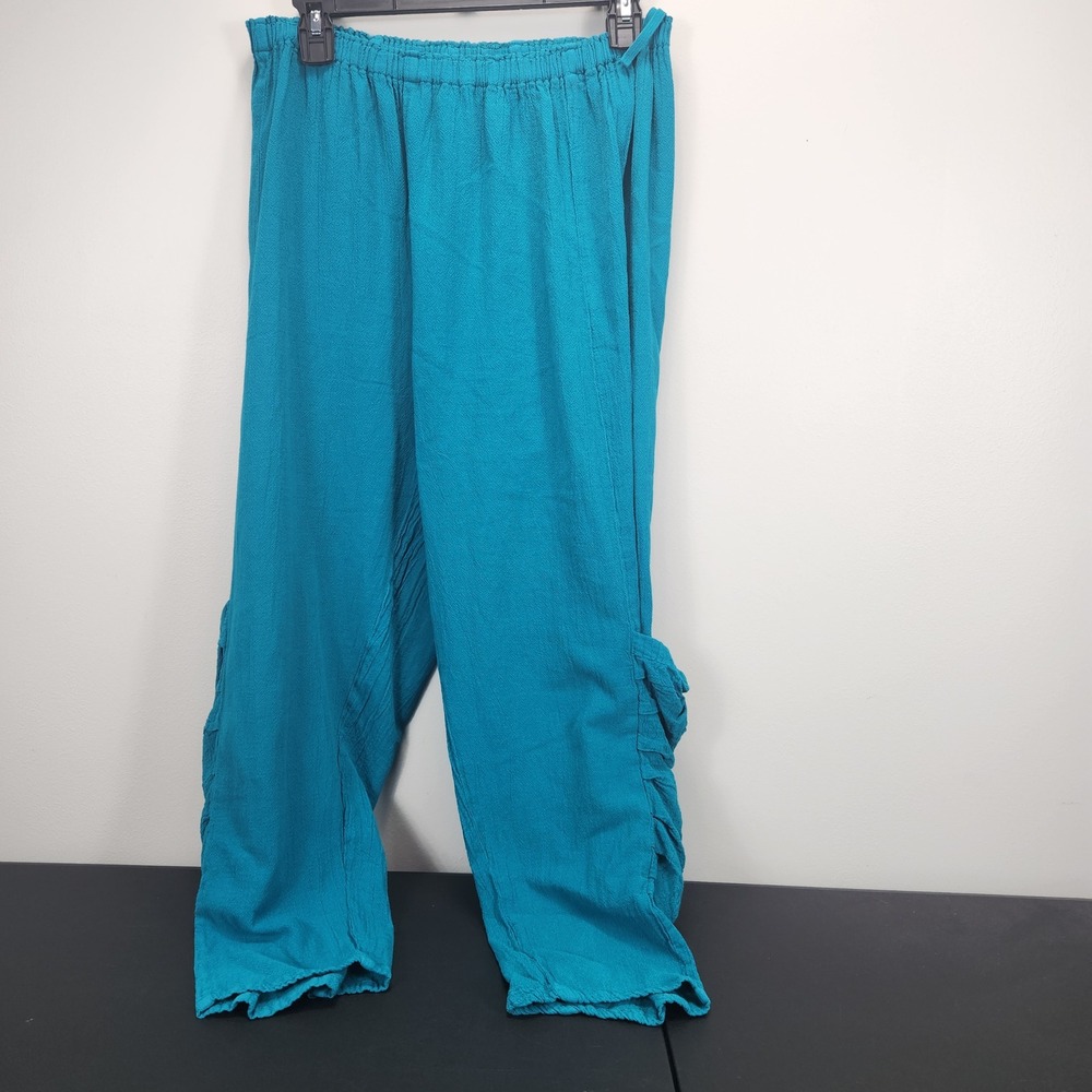 Oh My Gauze Teal Blue Cotton Ruffle Cargo Pocket Pants Lagenlook Size 2= Large